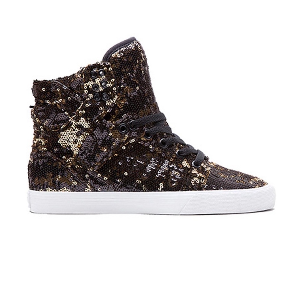Women’s supra skytop sneakers black gold sequin with white sole size 7